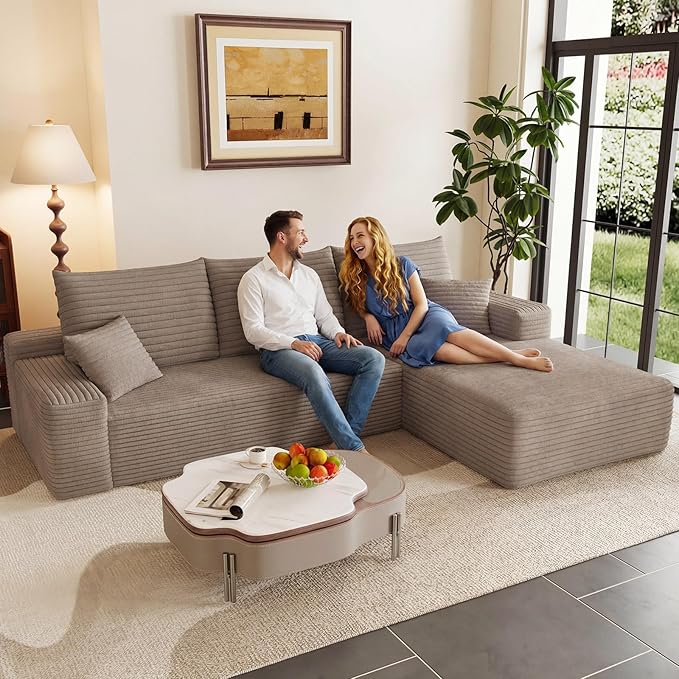 95" Modular Sectional Couch, Boneless L Shaped Cloud Sofa with Chaise Lounge, Corduroy Upholstered Couches Memory Foam Deep Seat, No Assembly Required, Ideal for Living Room(Camel, Right Facing)