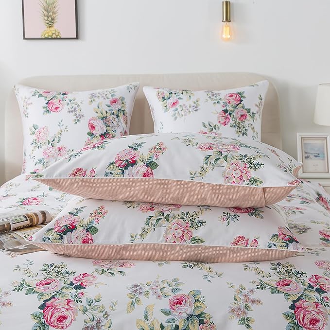 FADFAY Duvet Cover Set Pink Rose Floral Bedding Shabby Peony Flower Quilt Cover Set Vintage Farmhouse Bedding 100% Cotton Soft Comforter Cover Set with Zipper Closure 3Pcs, King/California King Size