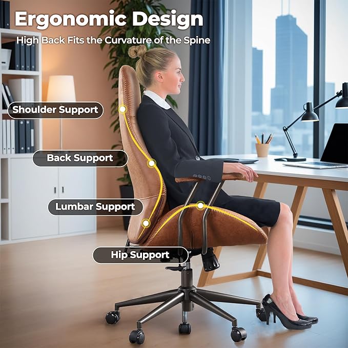 ovios Ergonomic Office Chair, High Back Faux Leather Executive Chairs with Armrests, Comfy High-Century Modern Swivel Rolling Computer Armchair (Brown, Suede Leather)