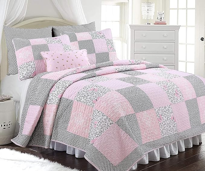 Cozy Line Home Fashions 100% Cotton Real Patchwork Floral Butterfly Shabby Chic Girly Reversible Quilt Bedding Set, Coverlet Bedspread (Black Pink, Queen - 3 Piece)