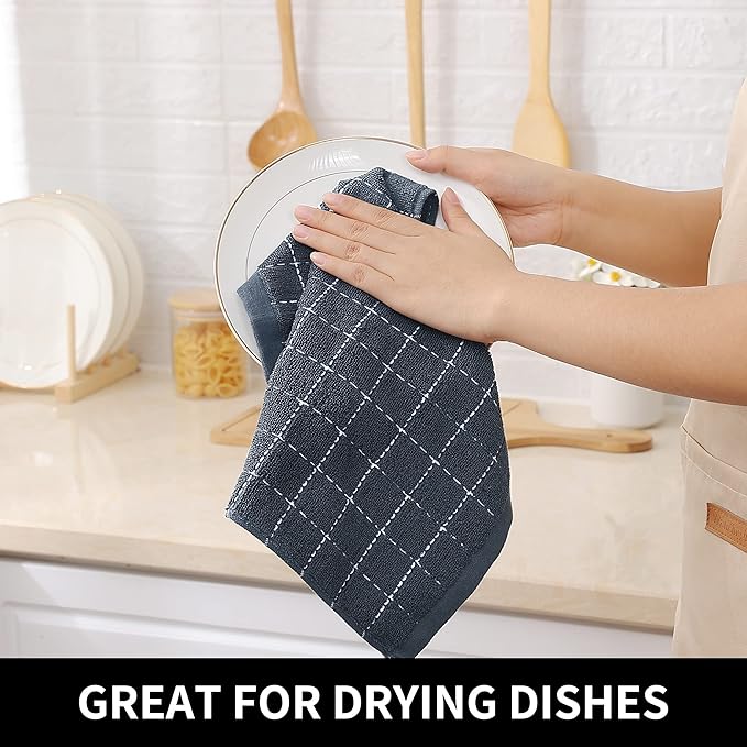 Homaxy 100% Cotton Terry Kitchen Towels(Dark Grey, 13 x 28 inches), Checkered Designed, Soft and Super Absorbent Dish Towels, 18 Pack