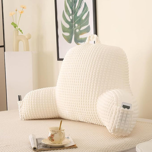 Reading Pillow for Sitting in Bed, Large Backrest Reading Pillow with Arm Rest,Back-Rest Support Cushion for Sit Up on Couch, Sofa, and Floor, Dorm Essentials (Cream Flannel, Standard(17inch))