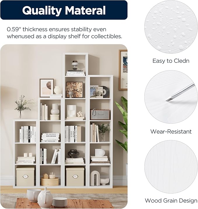 12-Cube Storage Organizer, Wooden Cube Shelf Bookcase with Reinforced Thick Shelves, Heavy-Duty 36.93" L x 9.37" W x 48.82" H, for Living Room Bedroom Home Office, White