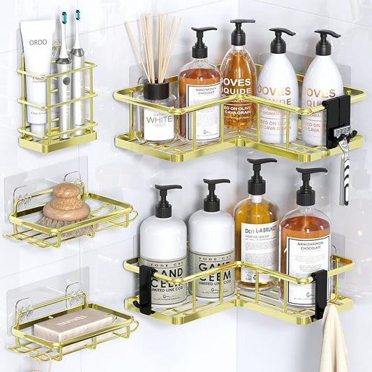 YASONIC Corner Shower Caddy Organizer, 5-Pack Self-Adhesive Rustproof Bath Shelves with Soap Holder & 4 Hooks, Large Capacity Shower Storage Rack for Bathroom Organization, Gold
