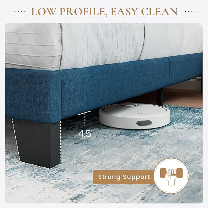 SHA CERLIN Queen Platform Bed Frame with Upholstered Fabric Headboard, Mattress Foundation with Strong Wooden Slats Support, No Box Spring Needed, Blue