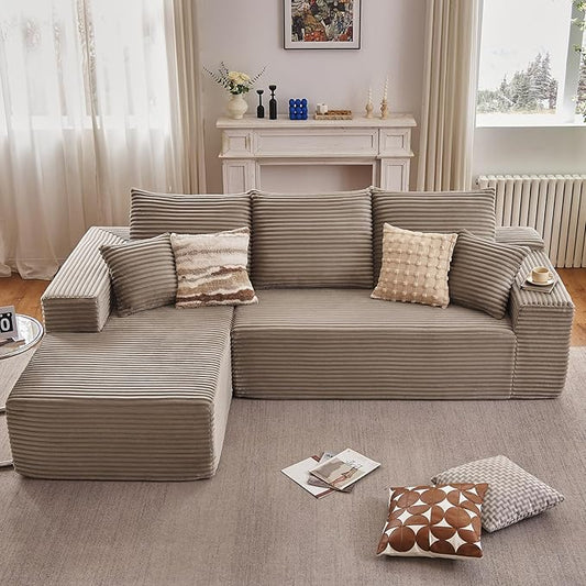 107" Cloud Sectional Couch with L-Shape Chaise, Modern Modular Comfy Sofa with Deep Seat, Upholstered Corduroy Couches Sleeper Chaise Longue for Living Room Bedroom, No Assembly Required, Camel
