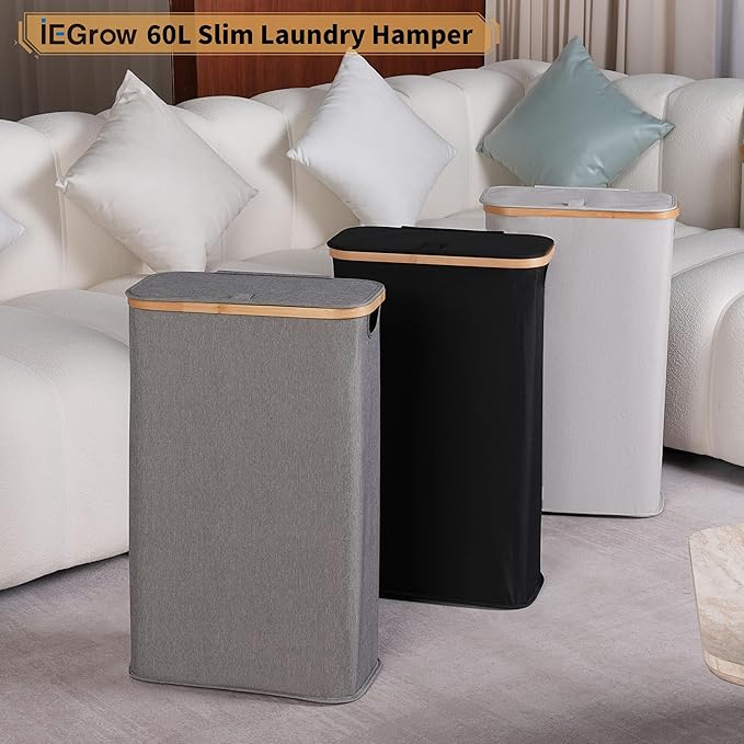 65L Slim Laundry Hamper, Narrow Laundry Basket with Lid,Foldable Clothes Hamper with Bamboo Handles,Hamper Basket with Removable Inner Bag for Laundry Room Bedroom College Dorm,17.17 Gals Grey