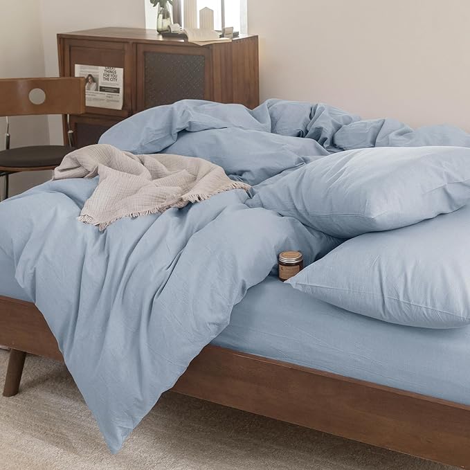 FOSSA Duvet Cover Set 100% Washed Cotton Linen Feel Super Soft Breathable Cozy 3 Pieces Bedding Sets Solid Sky Blue King