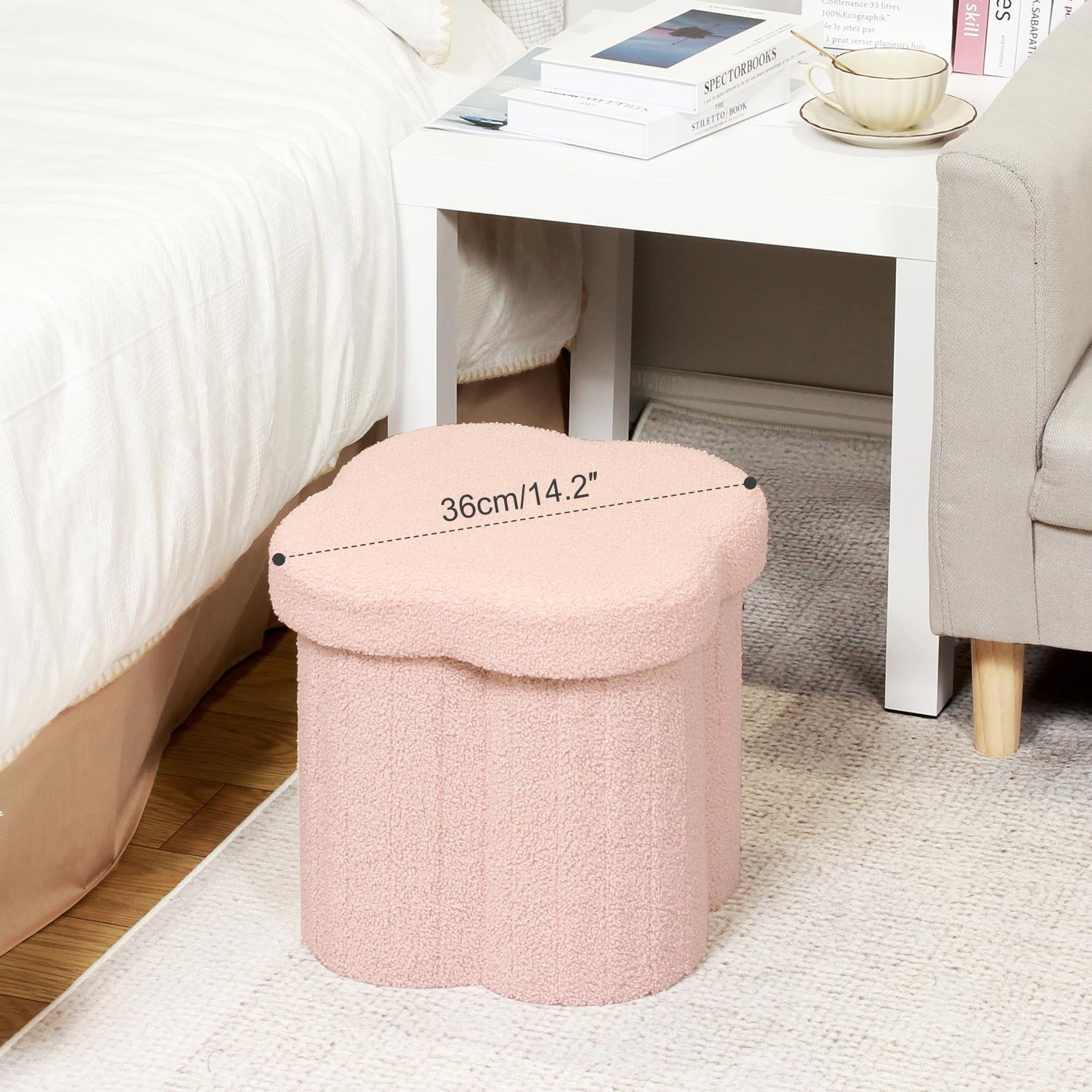 B FSOBEIIALEO Storage Ottoman Cube, Flowers Shaped Ottomans with Storage Foot Stool Footrest for Lving Room, Boucle Ottoman Seat for Dorm Room,Faux Teddy Fur,White 12.6"x12.6"x12.6" Dormly