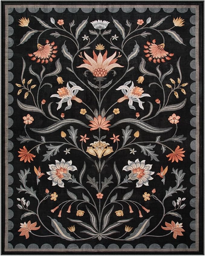 Lahome Boho Floral Washable Black 8x10 Area Rugs for Living Room, Non Slip Rugs for Bedroom, Ultra-Thin Indoor Throw Dining Room Carpet for Under Table Home Office Farmhouse (Black,8x10)