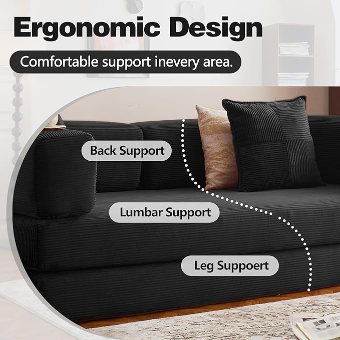 78.8" Convertible Sofa Bed - Compression Sofa with Corduroy Fabric - with Armrests and Backrest - Modular Sectional for Living Room, Bedroom, Studio - Compression Sofa in Box (Black)
