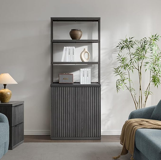 SICOTAS Fluted Book Shelf with Doors - 75" Tall Bookshelf with Storage 6 Tier Large Bookcase with Bottom Cabinet - Modern Metal Book Case for Living Room, Home Office, Kitchen and Library, 1 Piece