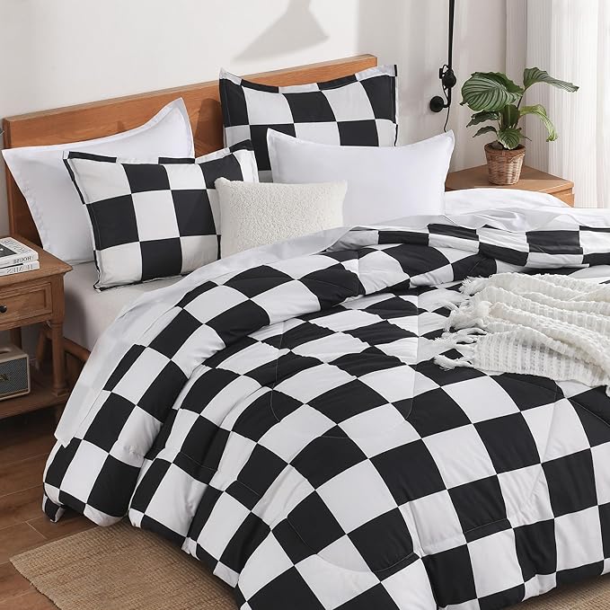 Andency Checkered Comforter Queen(90x90Inch), Black White Plaid Gingham Bed Set for Teen Boys Kids, Lightweight Microfiber Geometric Preppy Bedding, 3 Pieces