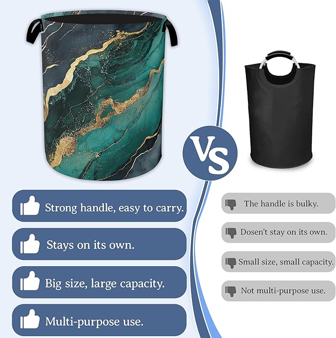 Marble Laundry Basket,Foldable Oxford Cloth Green Gold Flowing Marble Laundry Hamper With Handle, 20.8"x16" Portable Clothes Storage Basket Bag for Laundry Room/Bathroom/Bedroom/Dormitories