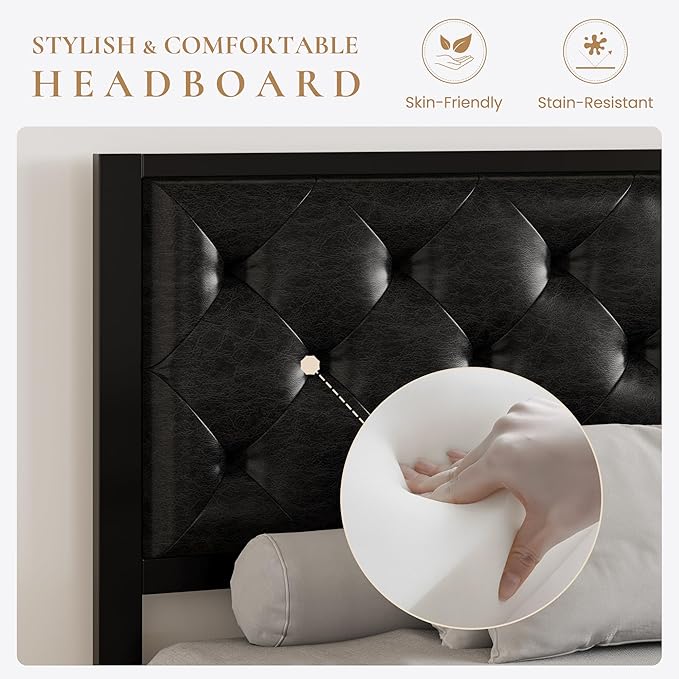 SHA CERLIN Full Size Metal Platform Bed Frame, PU Leather Upholstered Button Tufted Headboard, Mattress Foundation with 12.4” Under-Bed Storage, Noise-Free, Easy Assembly, No Box Spring Needed, Black