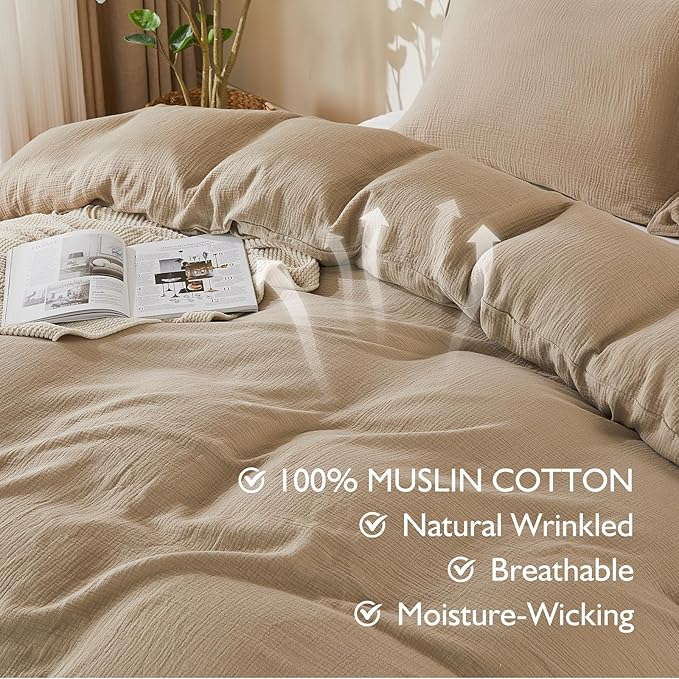 EMME Muslin Cotton Duvet Cover Set Khaki Queen Size Linen Like Soft Breathable Lightweight Summer Comforter Cover Set with Zipper Closure (Khaki, Queen, 90"x90")