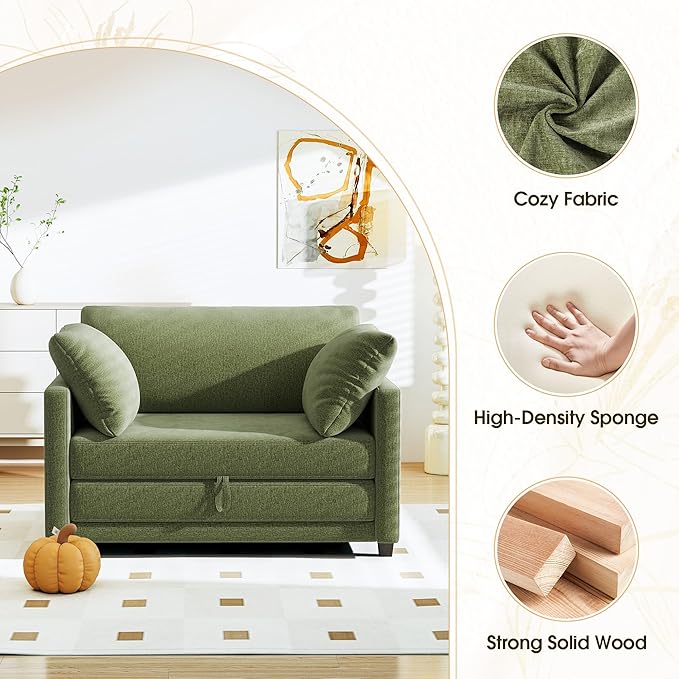 51" Convertible Loveseat Sofa Bed, 2 in1 Folding Sofa Bed, Loveseat Sleeper Sofa for Small Spaces, Fold Out Floor Couch with 2 Pillows for Apartment, Living Room & Guest Room, Green Chenille Fabric