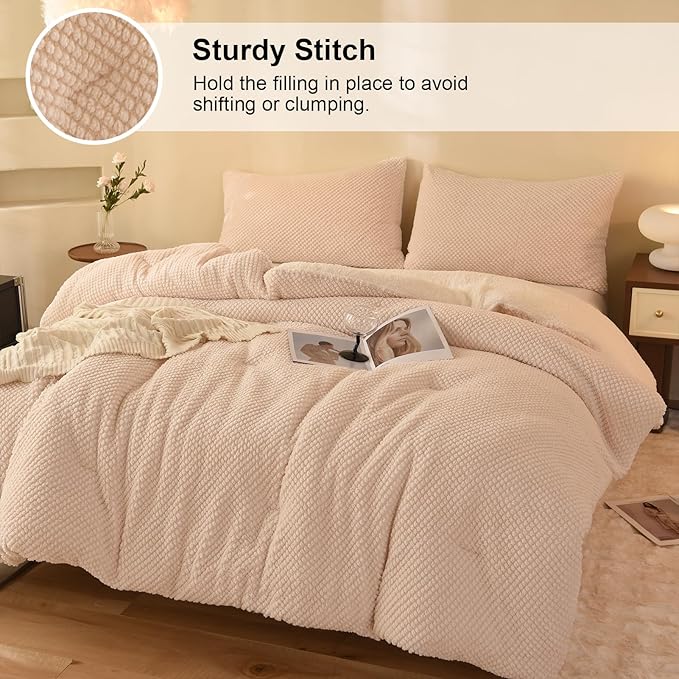 3D Jacquard Design Comforter Set, Ultra-Soft Warm Queen Size Sherpa Fur Plush 3-Pieces Sets Luxury Cozy Bedding with 2 Pillowcases (90"x90", Cream White)