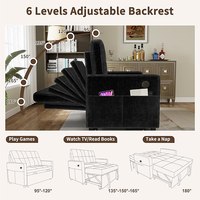 3 in 1 Convertible Sleeper Sofa Bed, Pull Out Couch with Charging Station, Corduroy Small Loveseat Sleeper Sofa with Adjustable Backrest for Apartment, Bedroom, Small Space（Black）