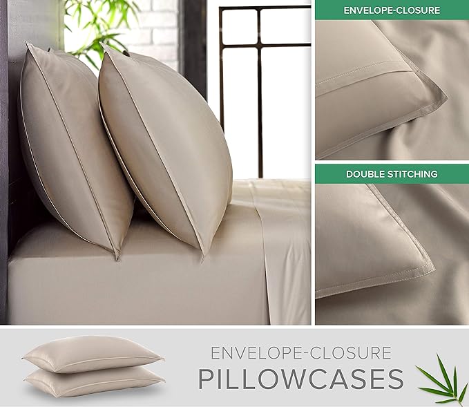 Pure Bamboo Full Sheets, Genuine 100% Organic Viscose Derived from Bamboo Bed Sheet Set, Luxuriously Soft & Cooling, Double Stitching, 2 Year Quality Promise (Full, Sand)
