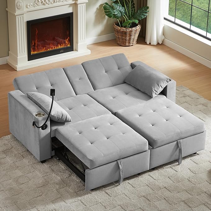 66" Multi-Functional Pull-Out Sofa Bed with Hidden Side Table, Storage Armrests, Built-in Charging Port, Spring Mattress, Solid Wood Frame – Ideal for Small Spaces, Easy Assembly