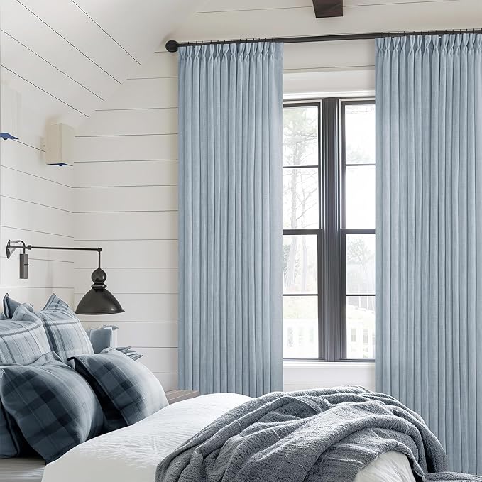 Dusty Blue 80 Inch Pinch Pleated Linen Curtains 2 Panels Set for Living Room Bedroom Boho Farmhouse Light Filtering Semi Sheer Back Tab Pinch Pleat with Hooks Rings Window Curtain 80 Inches Long