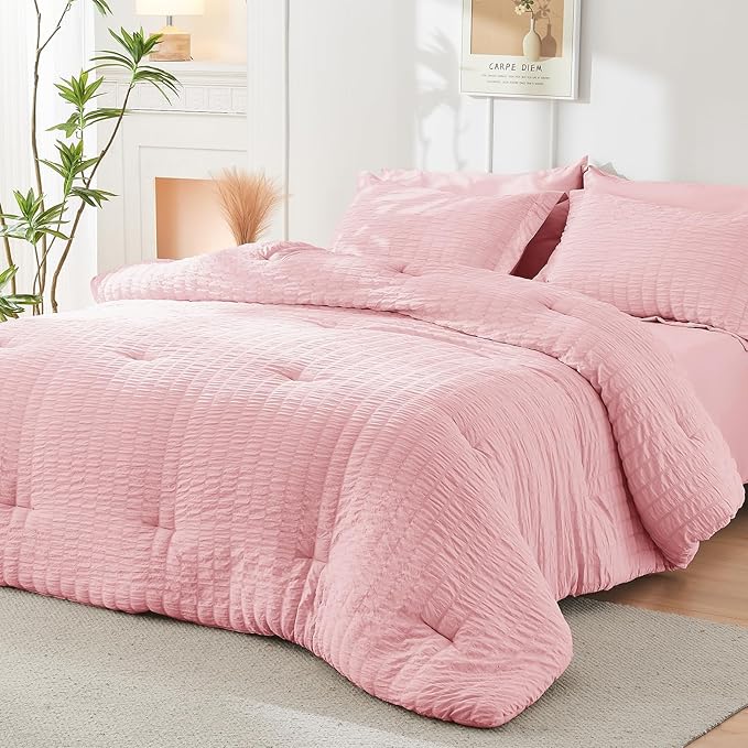 HYMOKEGE Pink Full Size Comforter Sets Seersucker 7 Pieces, All Season Luxury Bed in a Bag for Bedroom, Bedding Set with Comforters, Sheets, Pillowcases & Shams