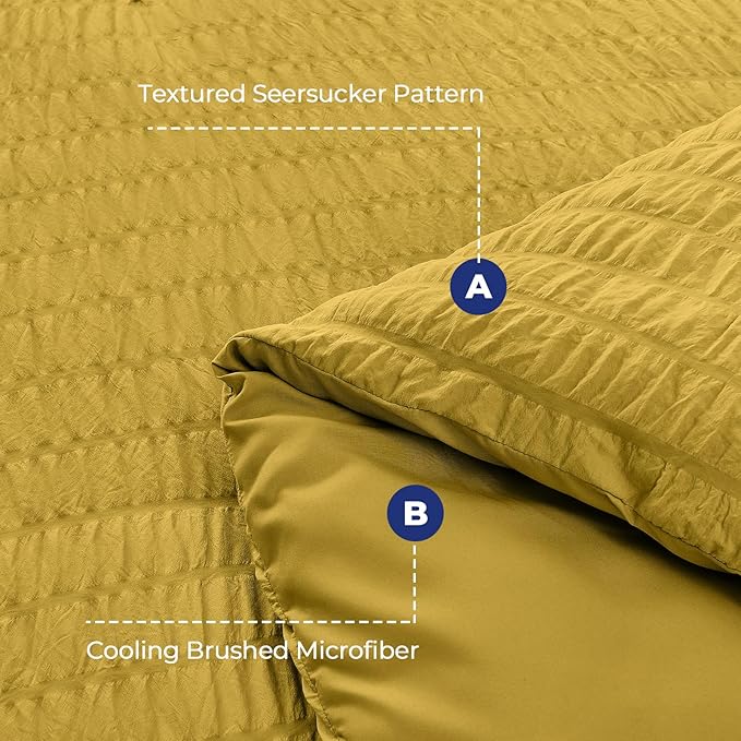 HYMOKEGE Mustard Yellow Full Size Comforter Sets Seersucker 7 Pieces, All Season Luxury Bed in a Bag for Bedroom, Bedding Set with Comforter, Sheets, Pillowcases & Shams