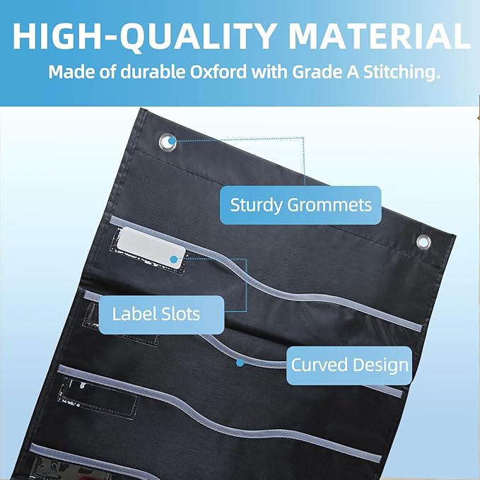 11 Pockets Hanging Wall File Organizer 15" Extra Wide Pocket Chart for Classroom, Office, Home, Mail Organizer Wall Mounted with 1 Writable Clear Pocket, 5 Wall/Door Hooks & 12 Labels (Black)