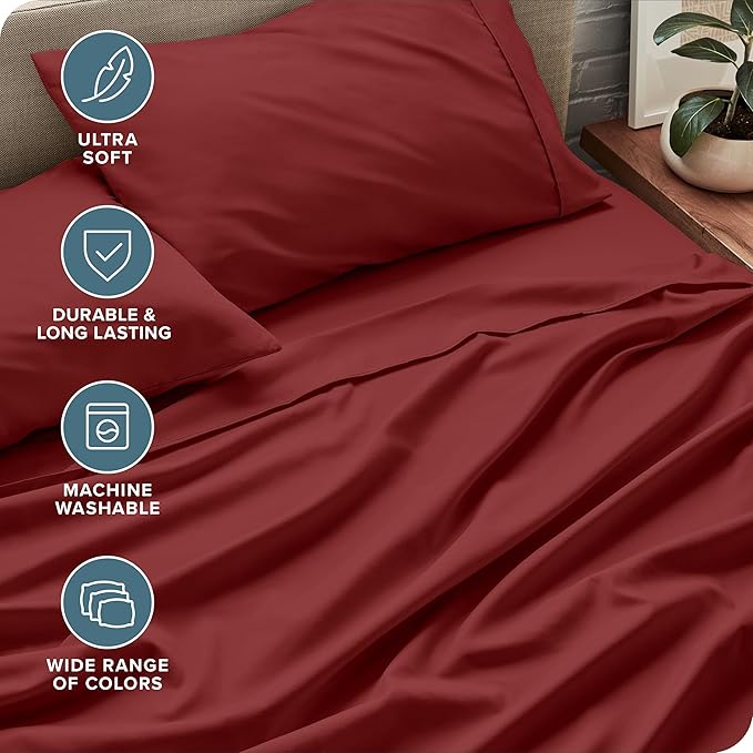 Bare Home Split Head Flex King Sheet Set - 1800 Ultra-Soft Microfiber Bed Sheets - Double Brushed - Deep Pockets - Easy Fit - 4 Piece Set - FlexTop Bedding Sheets (Split Head Flex King, Rosewood) BareHome