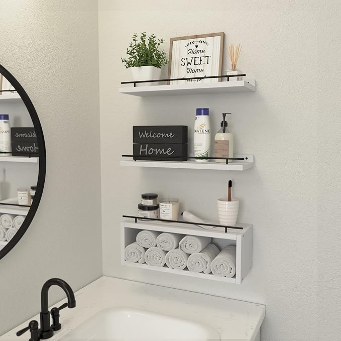 WOPITUES Floating Shelves for Wall with Cube Shelf, Wall Shelves with Metal Rail for Decor, Bathroom Organizers and Storage, Over Toilet Shelves for Bathroom, Toilet Paper-White