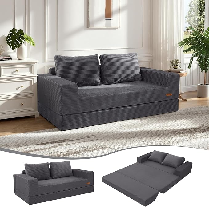 COMAX Convertible Sofa Bed Queen, Corduroy Folding Floor Couch Pull Out Couch Bed Futon Sleeper with Pillows, Fold Out Boneless Sofa Comfy Lounge Mattress Loveseat for Living Room Bedroom, Grey
