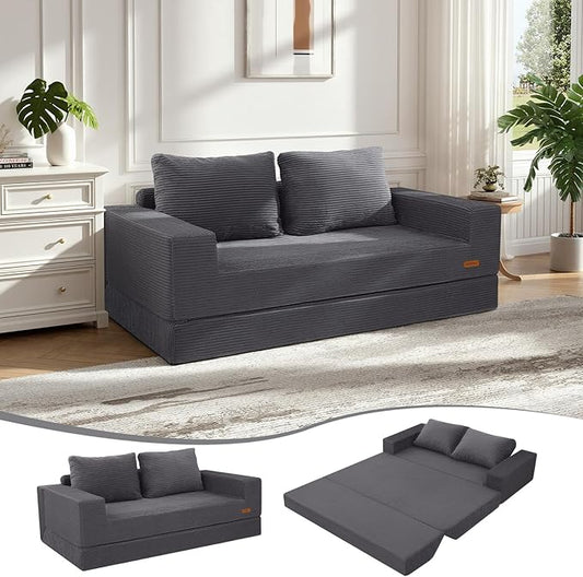 COMAX Convertible Sofa Bed Queen, Corduroy Folding Floor Couch Pull Out Couch Bed Futon Sleeper with Pillows, Fold Out Boneless Sofa Comfy Lounge Mattress Loveseat for Living Room Bedroom, Grey