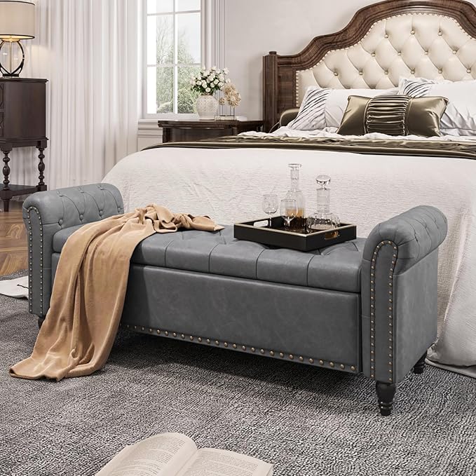 55 Inch Bedroom Bench, End of Bed Bench with Storage, Bed Benches for Foot of Bed, Faux Leather Window Bench with Rolled Arms, Upholstered Storage Bench with Tufted Button and Nailhead Trim, Gray