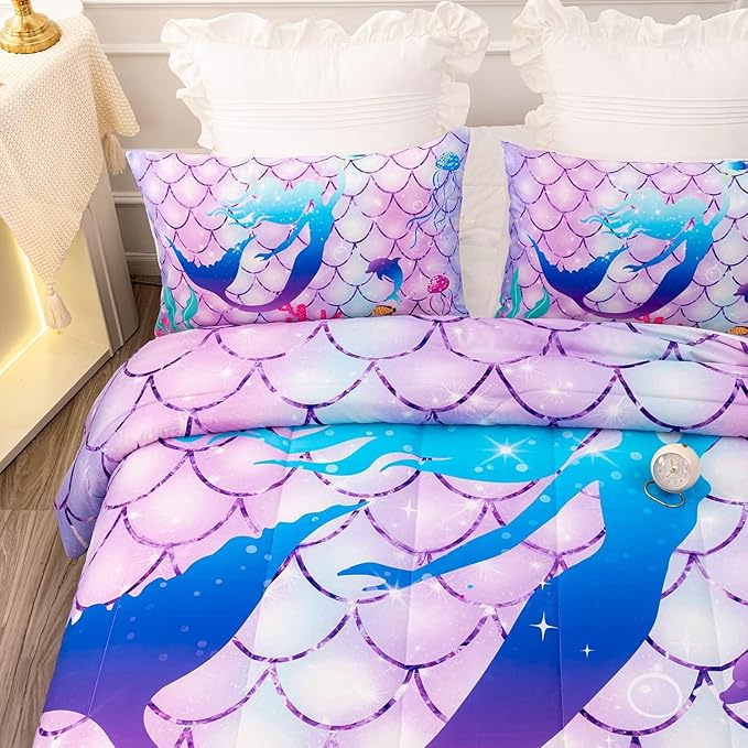 CVHOUSE Mermaid Comforter Set - King Size, 3 Pcs (1 Comforter, 2 Pillowcases) with Mermaid Scale Bedding, Bedspread, Duvet and Quilt