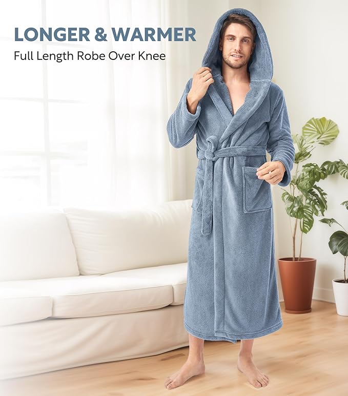 DAVID ARCHY Men's Hooded Robe Soft Coral Fleece Microfiber Bathrobe