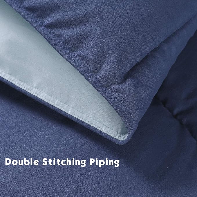 HIG 3pc Down Alternative Comforter Set - All Season Reversible Comforter with Sham - Quilted Duvet Insert with Corner Tabs - Box Stitched - Breathable, Soft, Fluffy (Twin/Twin XL, Navy/Light Blue)