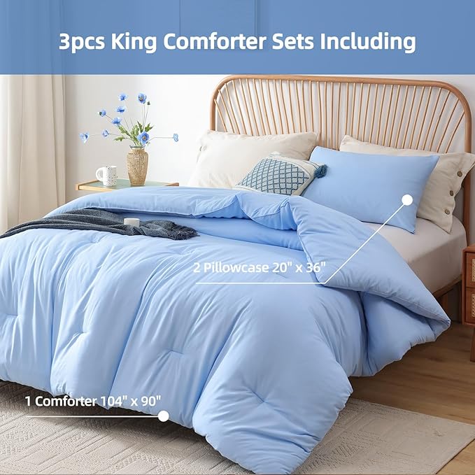 ROSGONIA King Size Comforter Set Light Blue, 3pcs King Comforter Set (1 Comforter & 2 Pillowcases) All Season Soft Lightweight Bedspread Blanket Quilt
