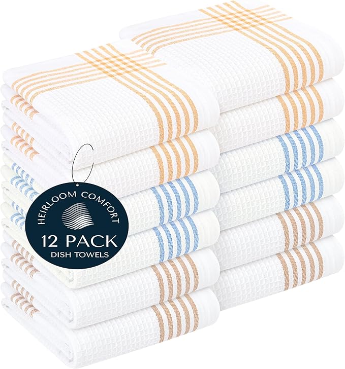 Multi White Waffle Kitchen Towels 12 Pack, 100% Cotton, 16x26 Inch, Ultra Absorbent, Fast Dry Dish Towels, Reusable Dishcloths for Drying, Cleaning, Mustard Yellow, Sky Blue, Brown