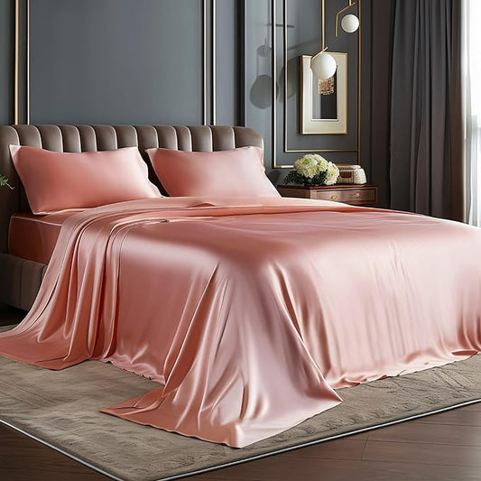 BEDELITE Satin Sheets Full Size Bed Set, Luxury Soft Rose Pink Silky Sheets for Hair and Skin, Similar to Silk Bed Sheets Set 4 Pieces with 1 Deep Pocket Fitted Sheet, 1 Flat Sheet, and 2 Pillowcases