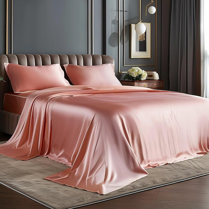 BEDELITE King Size Sheets Set, Luxury Soft Rose Pink Satin Sheets for Hair and Skin, Similar to Silk Bed Sheets Set 4 Pieces with 1 Deep Pocket Fitted Sheet, 1 Flat Sheet, and 2 Pillowcases