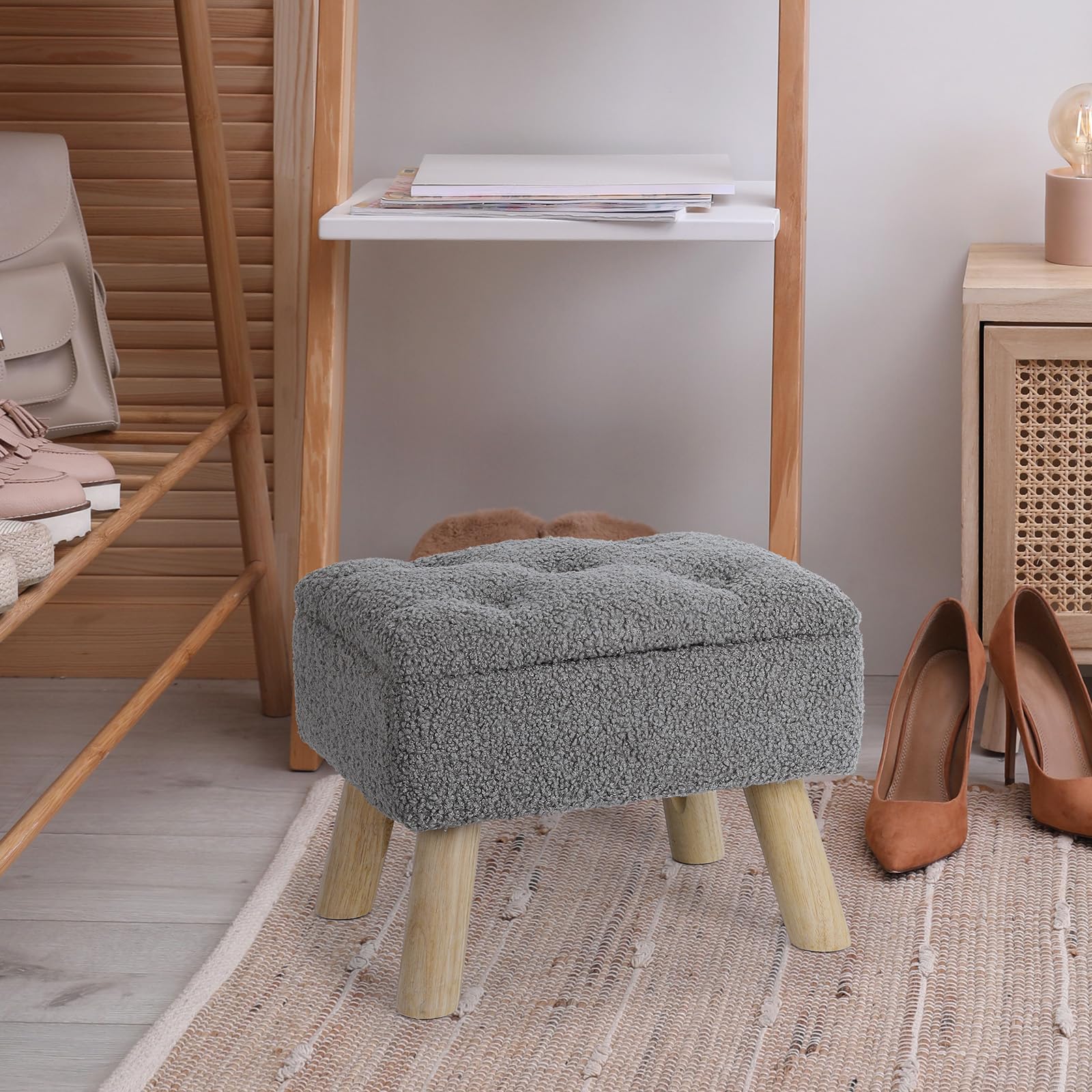 OGEMXU Storage Ottoman, Small Foot Stool Ottoman with Storage, Boucle Teddy Velvet Foot Rest with Padded Seat, Sturdy Wood Legs Stool for Living Room, Bedroom, Couch, Enterway (Cream) Dormly