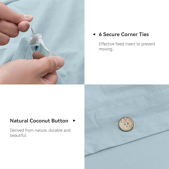 JELLYMONI Cotton Duvet Cover Queen Size - Light Blue Comforter Cover with Button 100% Washed Cotton 3PCS Breathable Soft Solid Bedding Set Duvet Cover 90×90in & 2 Pillowcases (NO Comforter)