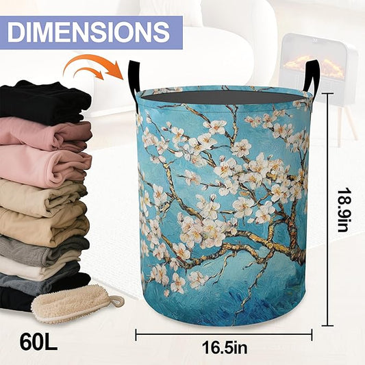 Laundry Basket,Vintage Apricot Tree Flowers Large Canvas Fabric Lightweight Storage Hamper Organizer Dirty Clothes Collapsible Waterproof for College Dorms,Bathroom