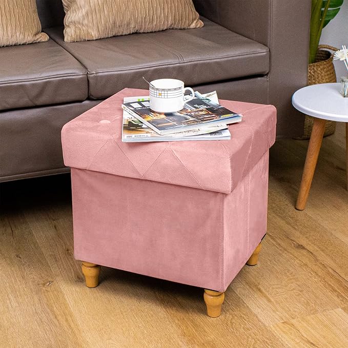 CAROLMADE Folding Storage Ottoman Cube Velvet Footstool with Wood Legs Ottoman Footrest for Living Room and Bedroom Pink, Grey 15"x12.6"x15.4"