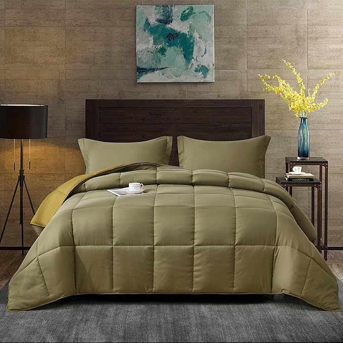 HIG 3pc Dark Olive King Size Comforter Set - All Season Reversible Down Alternative Comforter with Two Shams - Quilted Duvet Insert with Corner Tabs - Box Stitched Blanket - Breathable, Soft, Fluffy