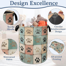 Cute Paw Print Laundry Basket,Foldable Oxford Cloth Vintage Laundry Hamper With Handle, 20.8