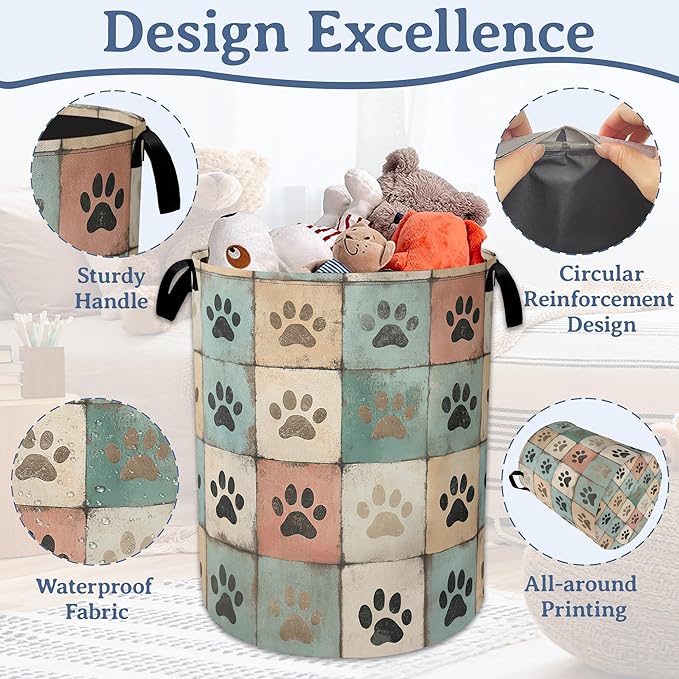Cute Paw Print Laundry Basket,Foldable Oxford Cloth Vintage Laundry Hamper With Handle, 20.8"x16" Portable Clothes Storage Basket Bag for Laundry Room/Bathroom/Bedroom/Dormitories