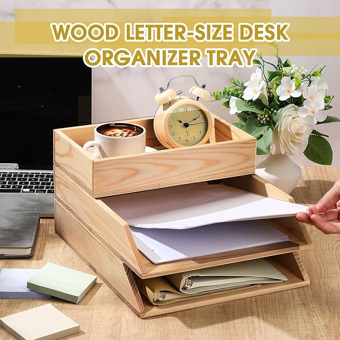 3 Pcs Wooden Letter Trays, Wood Letter-Size Desk Organizer, Heavy Duty 3 Tier Stackable Support Paper Tray Tabletop Inbox Drawer Desktop Organizer for File Folder Magazine Office (Light Brown)