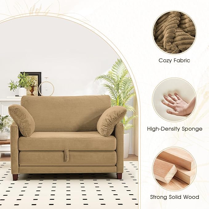 51" Convertible Loveseat Sofa Bed, 2-in-1 Folding Sofa Bed with 2 Pillow for Small Spaces, Modern Loveseat Sleeper Couch for Apartment, Living Room & Guest Room (Brown Corduroy, 51 inch)
